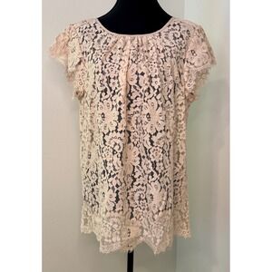 Joie Blush Pink Floral Lace Flutter Sleeve Bow Back Blouse Womens L